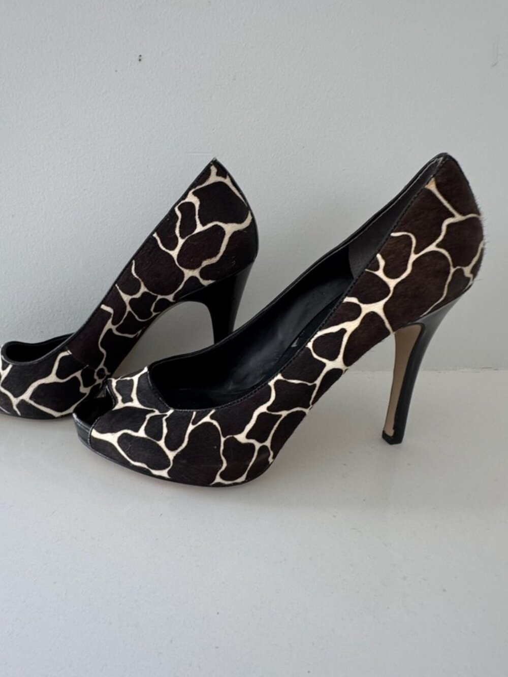 Nine West Giraffe Print Pony Hair Leather SlipOn Platform Peep Toe Stiletto US10